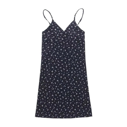 New Sexy Mini Dress Women Summer Vintage Floral Black White Navy Y2K Skinny OL Party Evening V-Neck Camis Dresses Woman Clothes Hua Hei