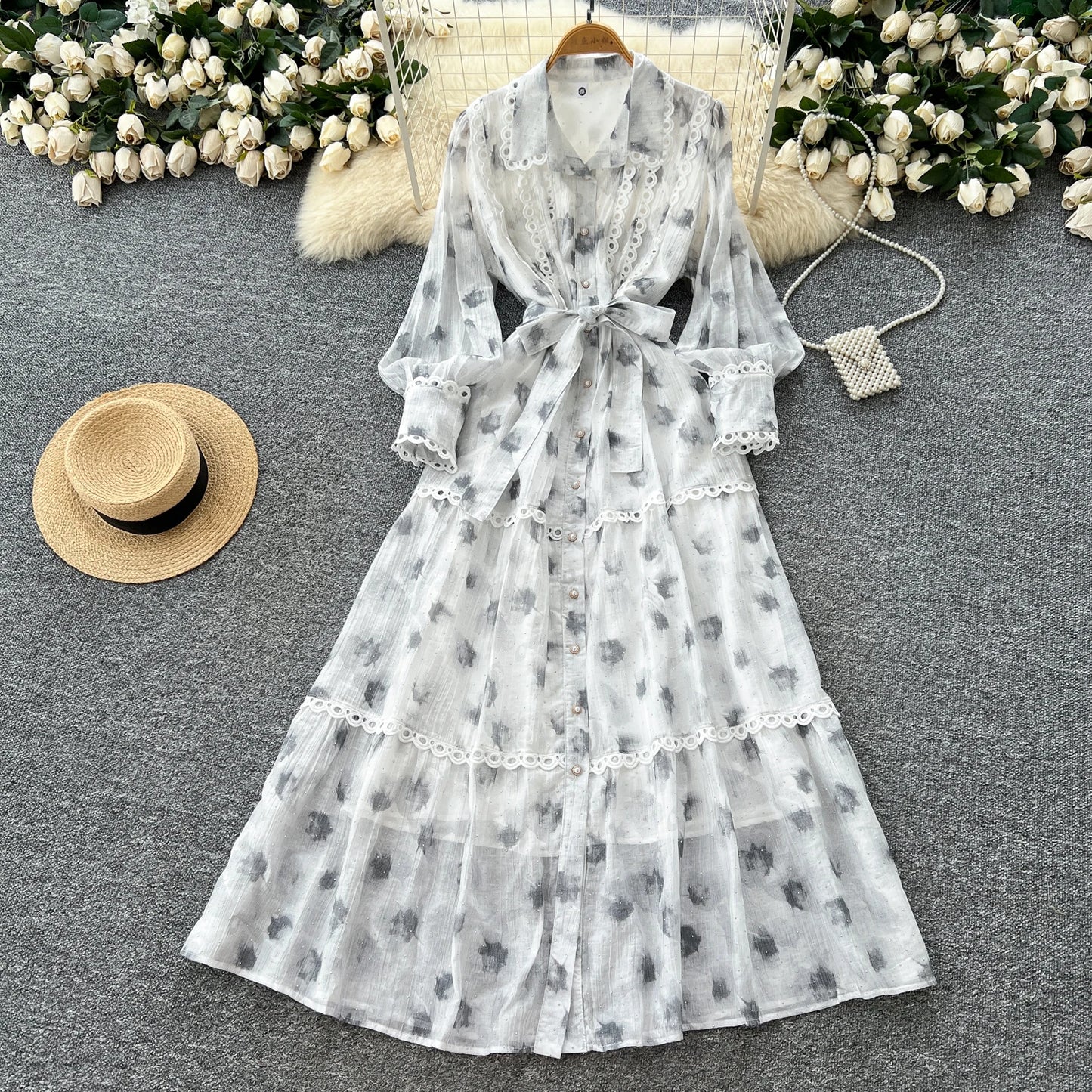Chic vintage rhinestone lace-up slim Elegant Fairy korean fashion Boho Sundress women clothing Long dress