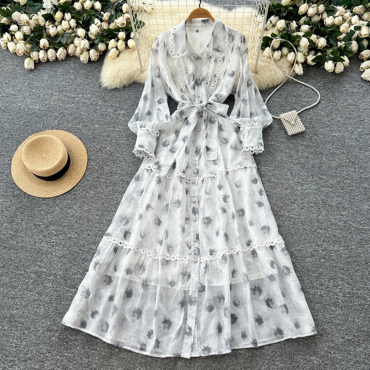 Chic vintage rhinestone lace-up slim Elegant Fairy korean fashion Boho Sundress women clothing Long dress
