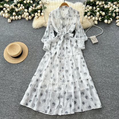 Chic vintage rhinestone lace-up slim Elegant Fairy korean fashion Boho Sundress women clothing Long dress