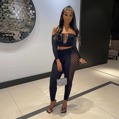 Simenual Baddie Fashion Mesh Tansparent Two Piece Sets Hotsweet Sexy Hollow Out Crop Tops Skinny Pants High Elastic Co Ord Suits