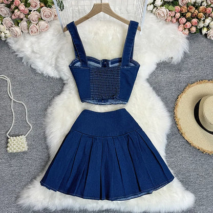 Two Piece Sets Women Sexy Dress Sets Skirt Set Sling Sleeveless Casual Denim Tops Short Skirts A Line Elegant Splice Y2k Summer Dark Blue