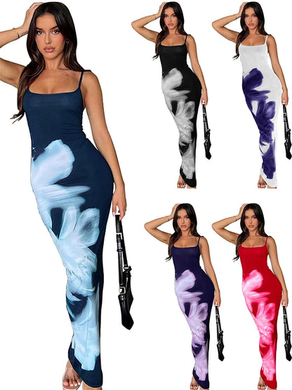 Summer Women's Dresses New Fashion Print Sleeveless Backless Bodycon Sexy Maxi Dresses Casual Streetwear Club Elegant Lady Dress