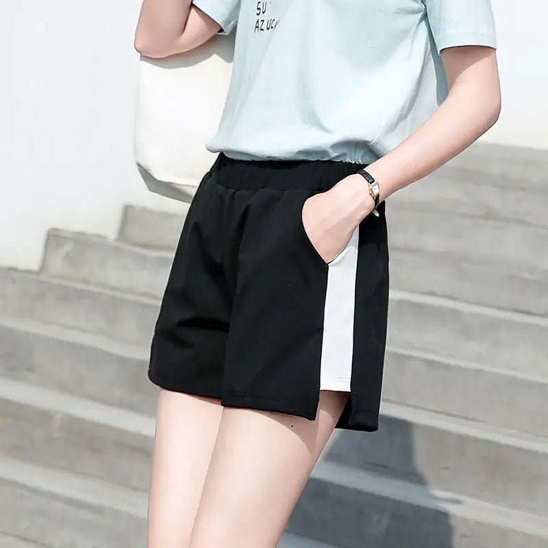 Women's summer high elasticity drawstring wide leg short S-3XL oversized sports underwear with side bar splicing sports shorts