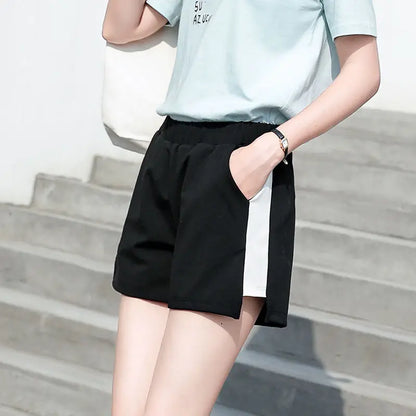 Women's summer high elasticity drawstring wide leg short S-3XL oversized sports underwear with side bar splicing sports shorts