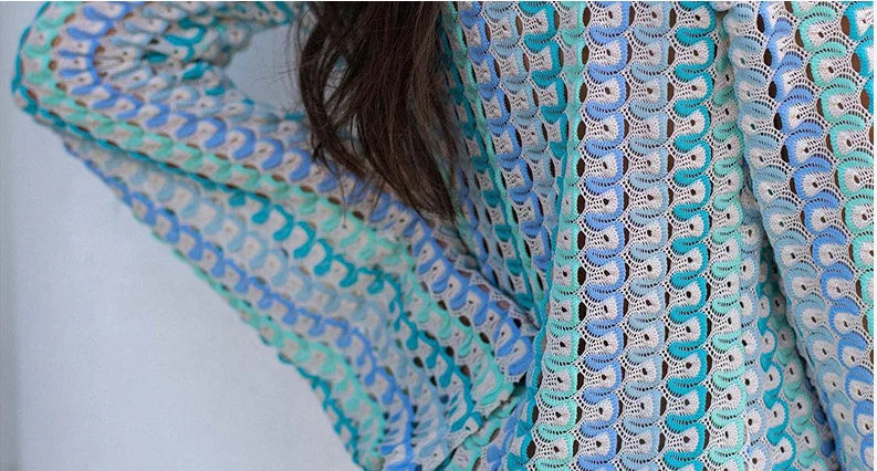 Crochet Colorful Stripe Flare Sleeve Maxi Dress Women V-neck High Split Sexy Lace Long Dresses 2024 New Beach Banquet Vestidos