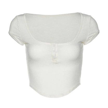Women Summer Fashion Streetwear Sexy White Transparent Crop Tops Buttons V Neck Short Sleeve Pullover Slim T Shirts Club Party