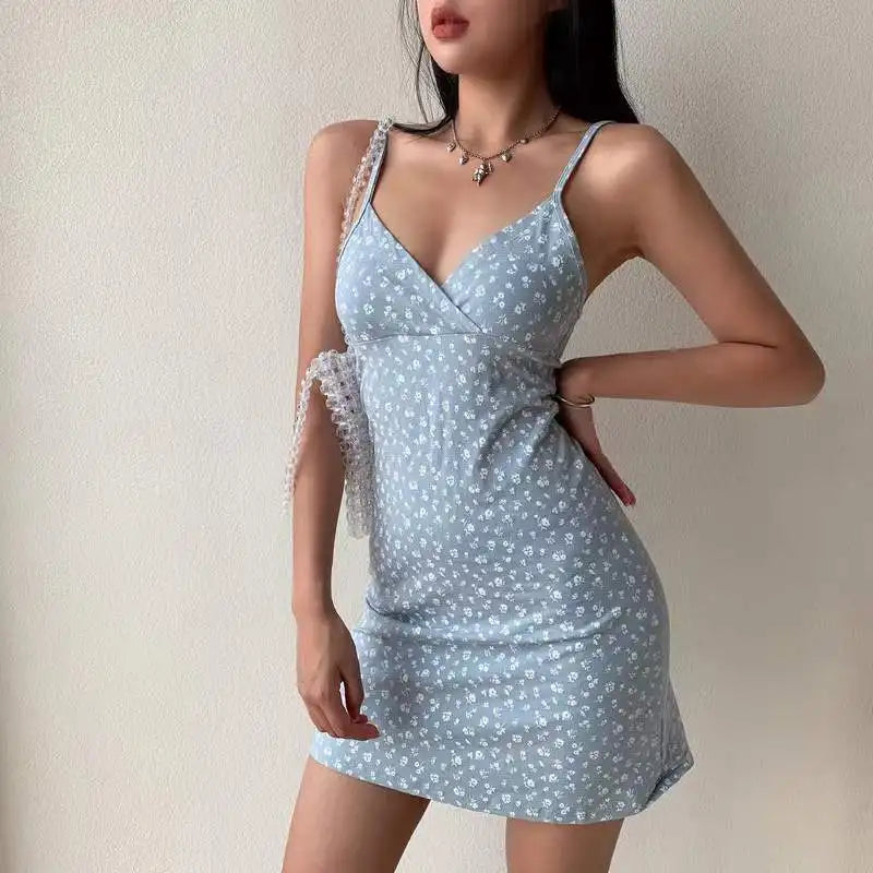 New Sexy Mini Dress Women Summer Vintage Floral Black White Navy Y2K Skinny OL Party Evening V-Neck Camis Dresses Woman Clothes Hui Lan