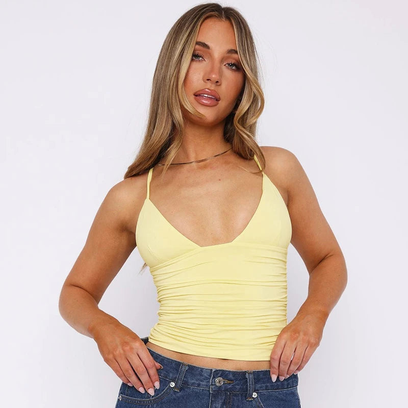 Hugcitar V Neck Solid Ruched Sexy Slim Y2K Crop Tank Top Summer Women Fashion Casual New Clothes Streetwear Beach Vacation Yellow