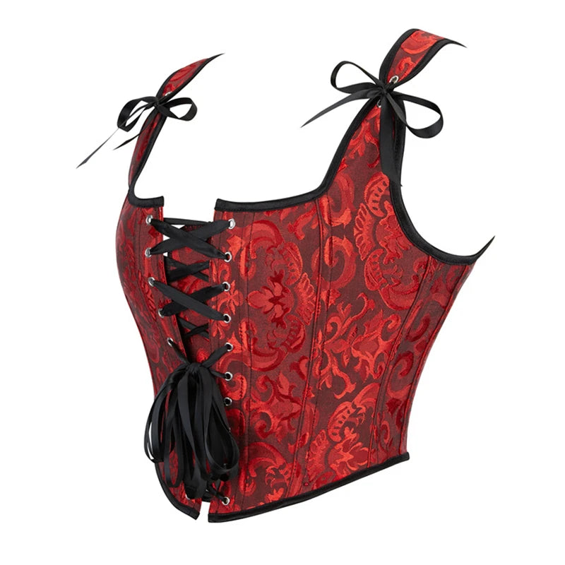 Blue Jacquard Corset Sexy Shoulder Straps Overbust Bustiers Crop Top Lace Up Brocade Vest Lingerie Gothic For Women Outfit