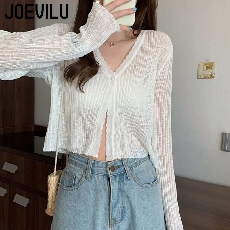 JOEVILU Thin Sunscreen Shirt Women's Summer Outerwear Crop Tops Hollow Out White Long-sleeved Cardigan Elegant Casual Shawl Coat