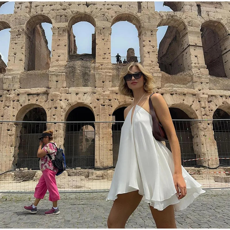 Women Sexy Halter Layered Ruffles Mini Dress Fashion Off Shoulder Backless A Line Vestidos Spring Summer Chic Lady Short Dresses