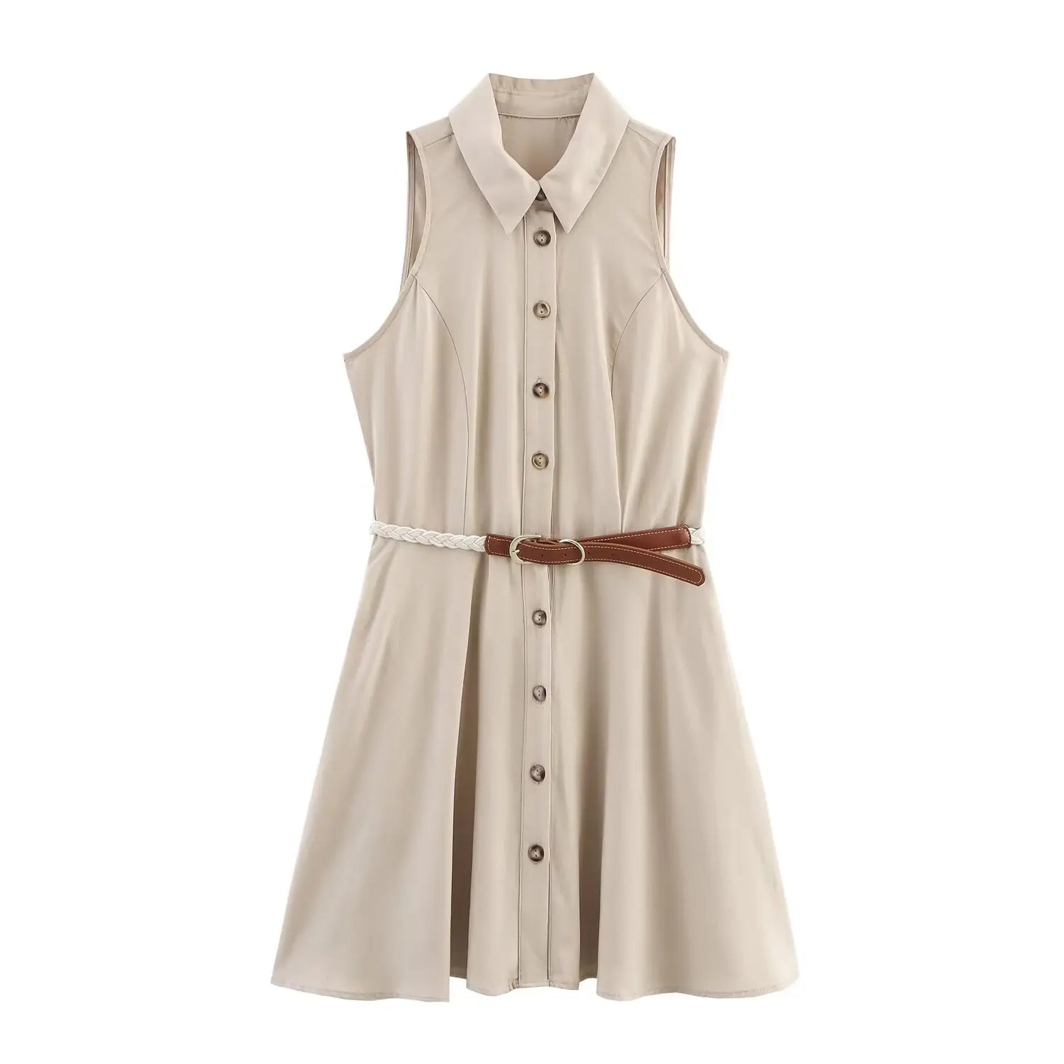 PB&ZA2025 Summer New Arrivals Women's Casual Fashion Simple Commuter Belt Sleeveless Lapel Mini Dress Khaki