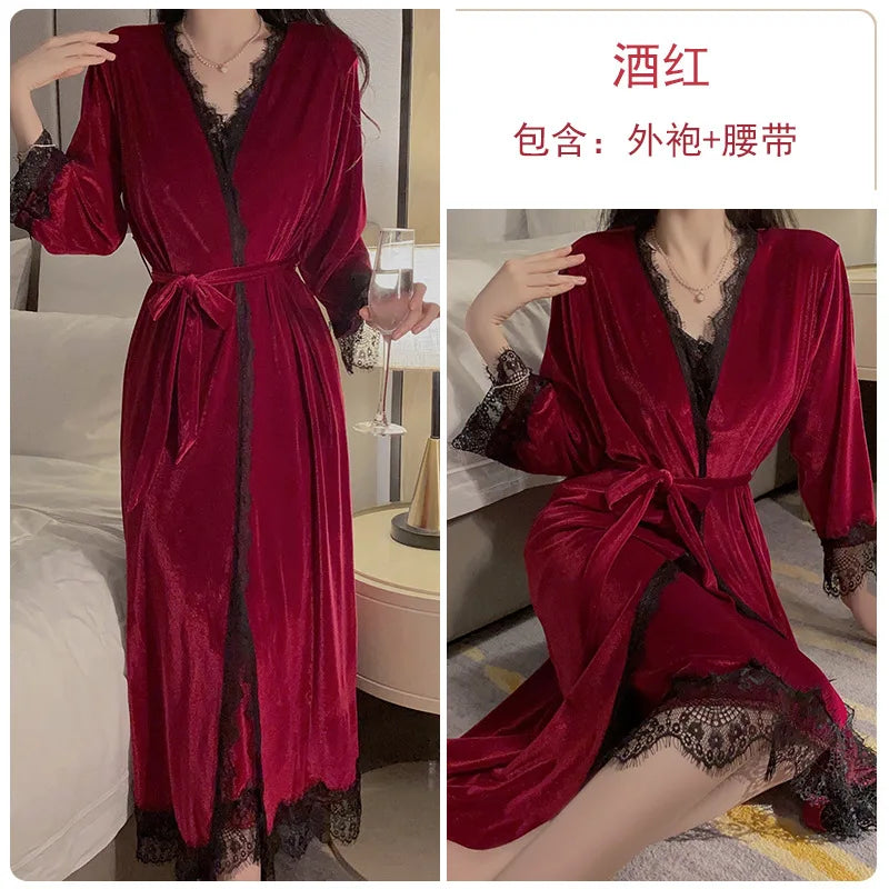 Women Warm Velour Homewear Long Kimono Robe Cami Sleepwear Burgundy Bathrobe Set Sexy Nightgown Winter Robe Suit Loungewear Burgundy Robe