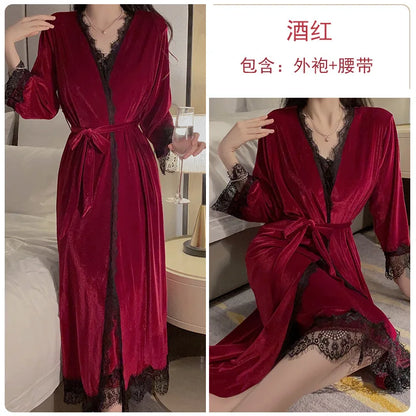 Women Warm Velour Homewear Long Kimono Robe Cami Sleepwear Burgundy Bathrobe Set Sexy Nightgown Winter Robe Suit Loungewear Burgundy Robe