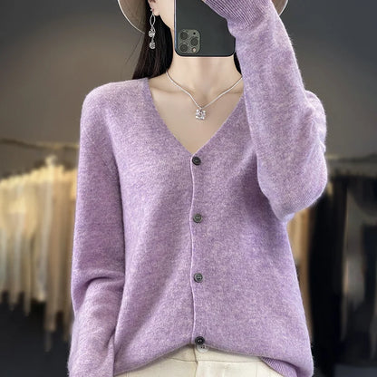 100 Merino Wool Knitted V-neck Sweater Women's Top Loose Korean Version Fashionable Versatile Autumn And Winter Cashmere Sweater