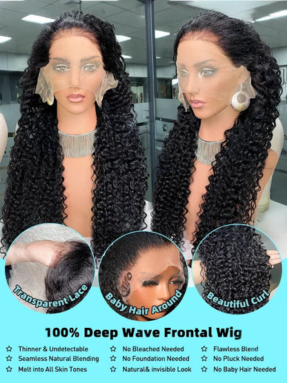 40 42 Inch Natural Color Deep Wave 13x4 13x6 HD Transparent Full Frontal Lace Curly Brazilian Human Hair Water Wigs 200 Density
