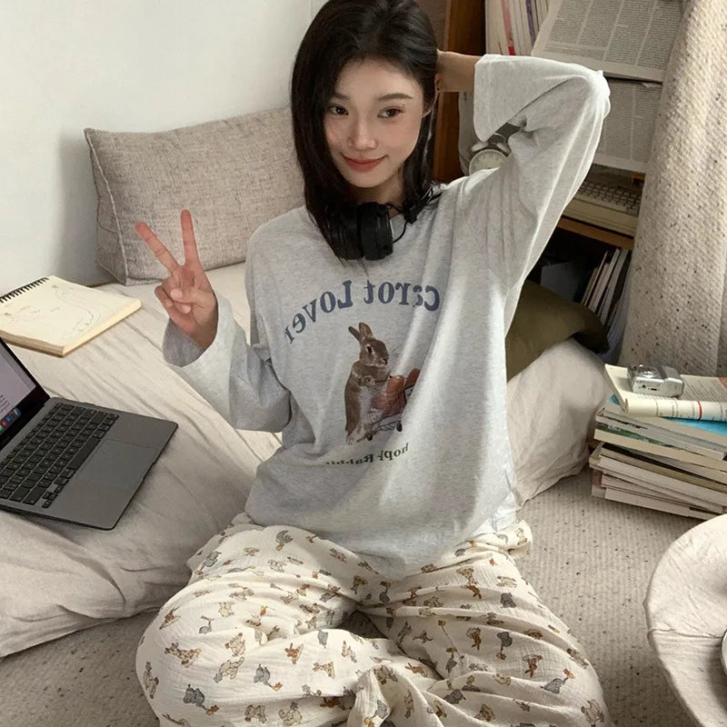 Spring and Autumn New Ladies Ins Style Pajamas Homewear Set Cartoon Girl Long-Sleeved Long Pants Korean Pajamas Homewear Set