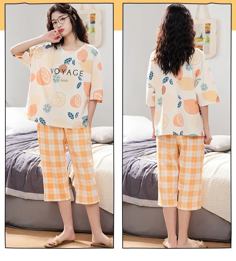Summer Ladies Pajamas Loungewear Set Women's Summer Short Sleeve Cropped Pants Loungewear Thin Korean Casual Two-Piece Set
