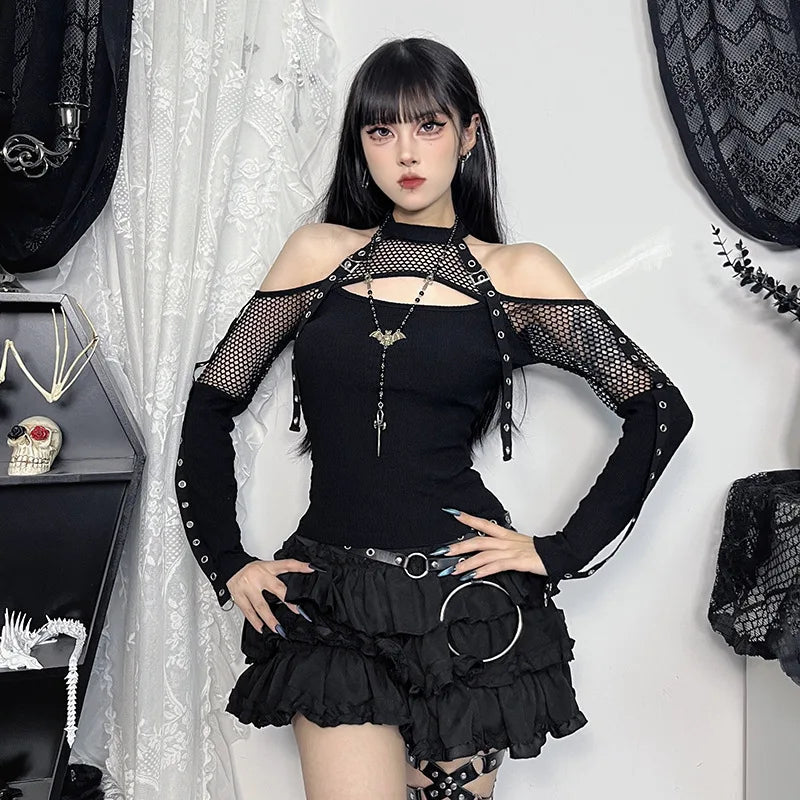 Goth Dark Punk Grunge Fishnet Patchwork Off Shoulder T-shirts Trim Corn Strap Halter Tops Autumn Mall Gothic Streetwear T-shirt
