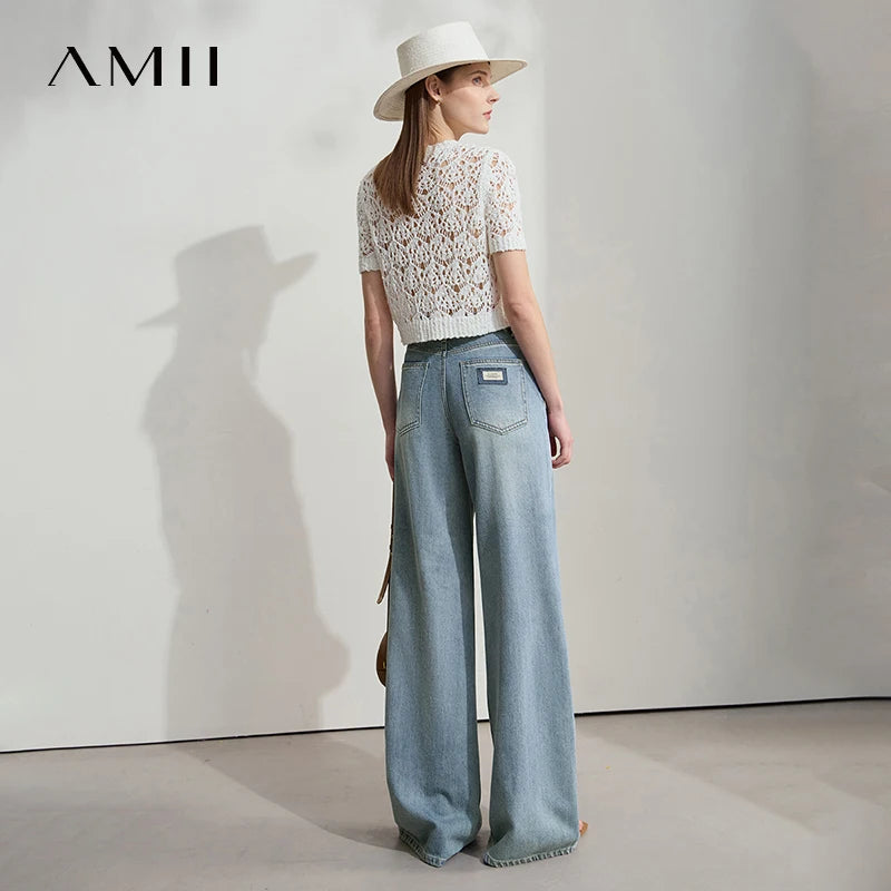 AMII Minimalist Blue Jeans Women 2025 Summer New Versatile Denim Wide Leg Pants Low Waist Thin Casual Loose Trousers 12542121