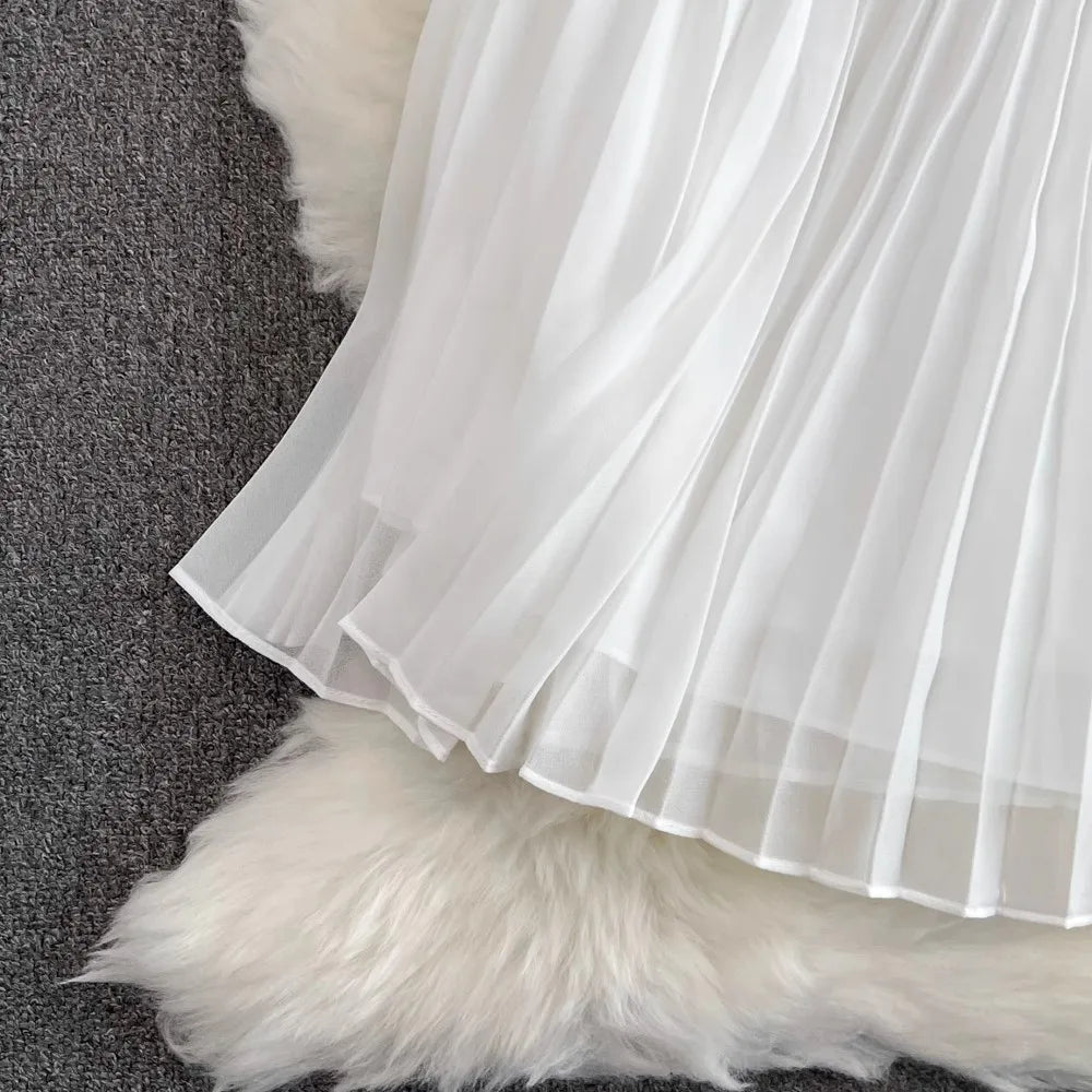 Summer Elegant Crochet Lace Patchwork Chiffon Pleated Dress Women's Short Sleeve Hollow Out Flower Buttons Belt Runway Vestidos