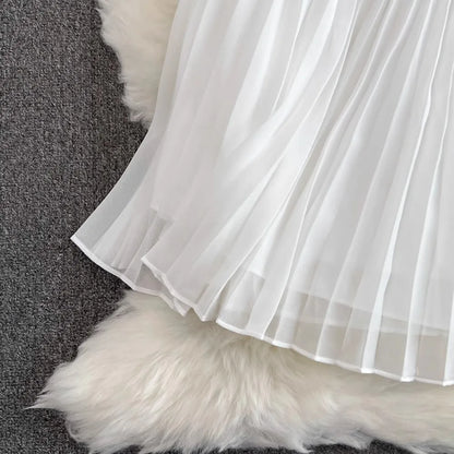 Summer Elegant Crochet Lace Patchwork Chiffon Pleated Dress Women's Short Sleeve Hollow Out Flower Buttons Belt Runway Vestidos