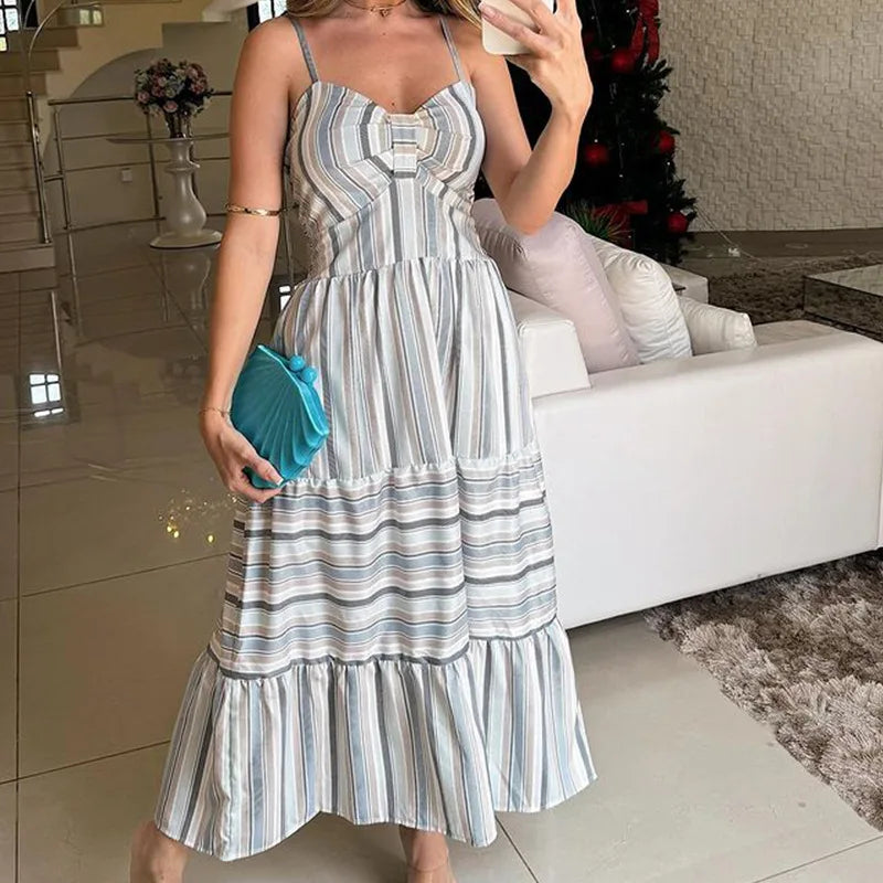 Bohemian Beach Sundresses For Women Fashion Floral Printed Sexy Sling Maxi Dresses Oversized Ladies Casual Long Dress GRAY