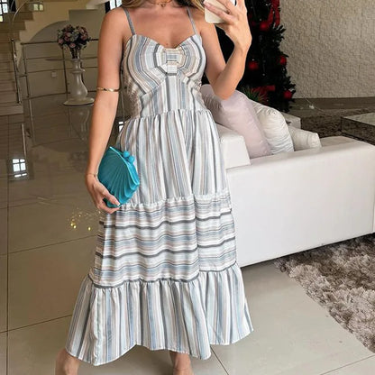 Bohemian Beach Sundresses For Women Fashion Floral Printed Sexy Sling Maxi Dresses Oversized Ladies Casual Long Dress GRAY