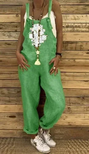 Linen Overalls Jumpsuit Women Casual Print Sleeveless Summer Loose Female Suspenders Straight Leg Fashion New Streetwear green