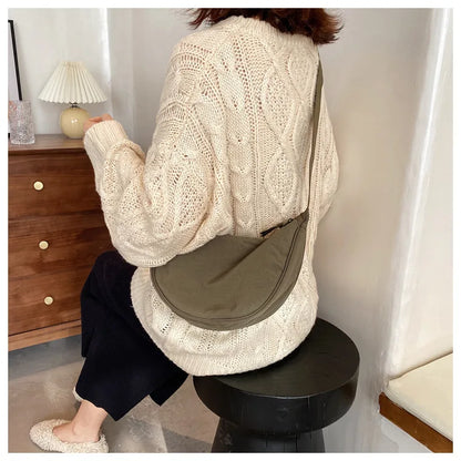 Solid Color Women's Portable Shoulder Bag Simple Female Nylon Cloth Padded Crossbody Bags Travel Purse Handbags Messenger Bag