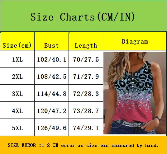 Plus Size Leopard Print V-Neck Tank Top with Button Detail - Casual Chic Summer Women's Vest, Comfy Stretch Fashion Apparel