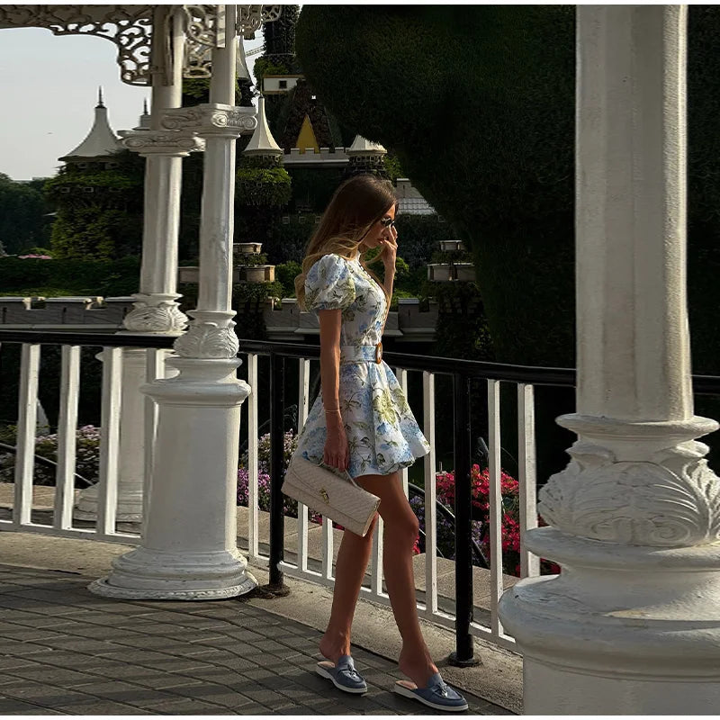 Women Floral A-line Mini Dress Short Sleeve Button-front Stand Collar Belted 2025 Summer Elegant Vestido Ladies Chic Party Dress