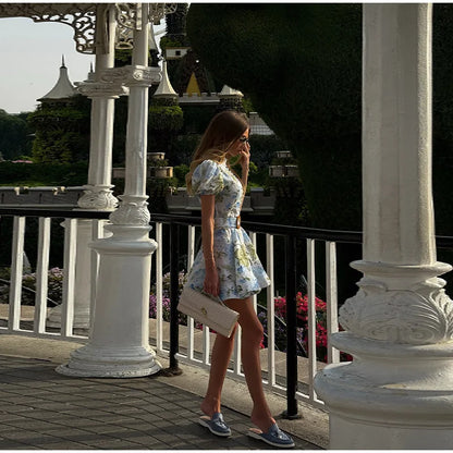 Women Floral A-line Mini Dress Short Sleeve Button-front Stand Collar Belted 2025 Summer Elegant Vestido Ladies Chic Party Dress