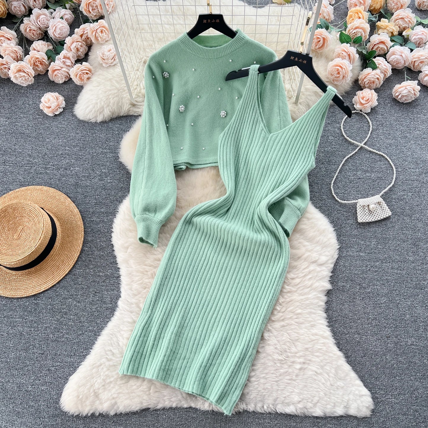 SINGREINY Beading Casual Two Piece Set Women Long Sleeve O Neck Pullover Midi Dress Fashion 2023 Winter Sweater Suit Dresses Badiee Stylez