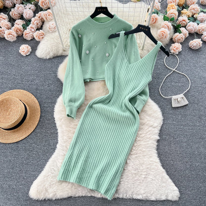 SINGREINY Beading Casual Two Piece Set Women Long Sleeve O Neck Pullover Midi Dress Fashion 2023 Winter Sweater Suit Dresses Badiee Stylez