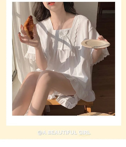 Palace Style Pajamas Ladies Summer Loungewear Set Short-Sleeved with Cushion Korean Small Sweet Girlfriends Loungewear Set