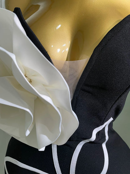 Women 2025 New Sexy Off Shoulder White Flower Black Mini Bodycon Bandage Dress Luxury Celebrity Evening Club Elegant Party Gowns