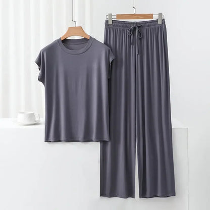 Modal Homewear set O-neck Tshirts short sleeves and Wide leg pants Loose sleepwear Casual streetwear suit all match dark gray