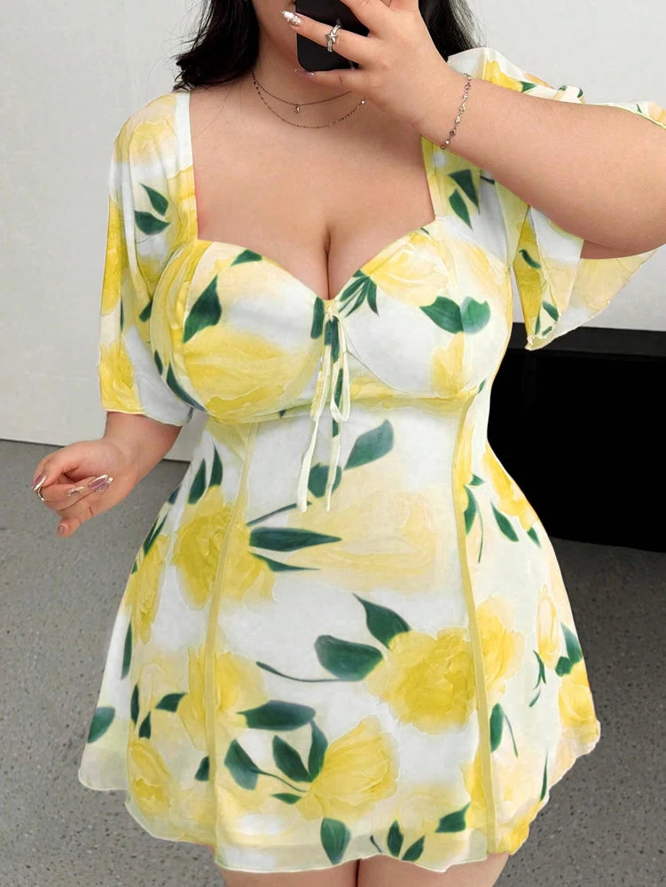Plus Size Romantic Floral Pink Yellow Ruffle Sleeve Dress Short Sleeve V Neck Waistband Fitted Tiered
