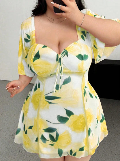 Plus Size Romantic Floral Pink Yellow Ruffle Sleeve Dress Short Sleeve V Neck Waistband Fitted Tiered