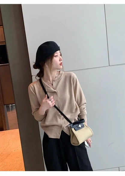 New 2025 Spring Summer Knit Cardigan O-Neck Solid Color Fashion High-Grade Comfortable Slim Casual Knitwear Tops