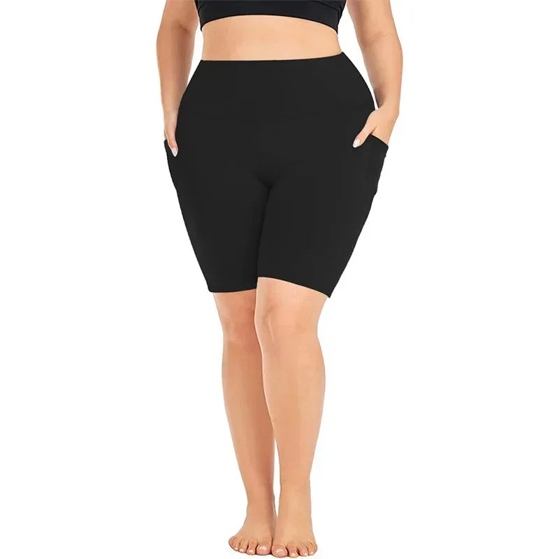 Women's High-Waisted Yoga Shorts Plus Size Workout Leggings with Dual Pockets Stretch European Style Activewear for Gym & Casual
