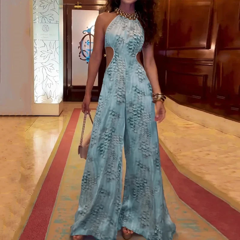 Wefads Jumpsuit Women 2025 Casual Fashion Sleeveless Printed Halter Neck Backless Lace Up Loose Wide Legs Pants Rompsers Blue