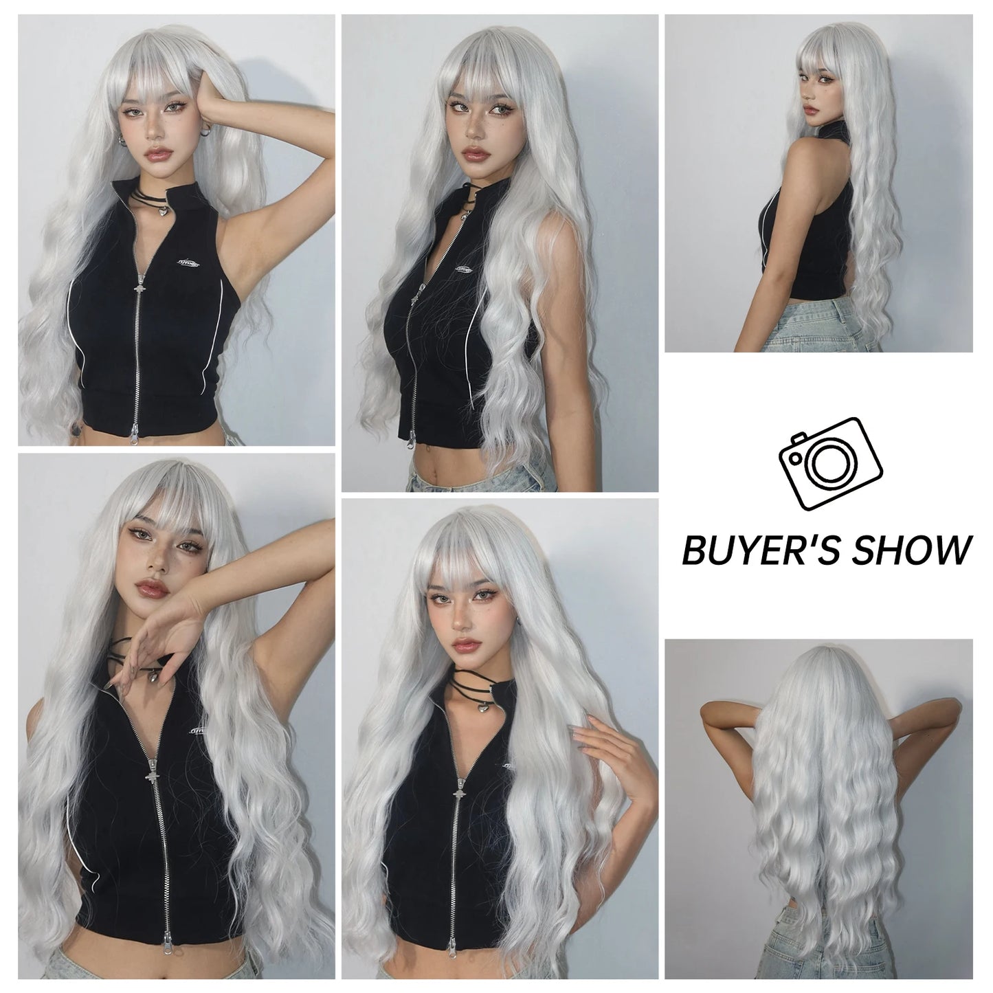 Super Long Curly Silver Synthetic Wig with Fluffy Bangs White Water Wave Hair Wigs for Women Daily Use Cosplay Colored Hair Wig