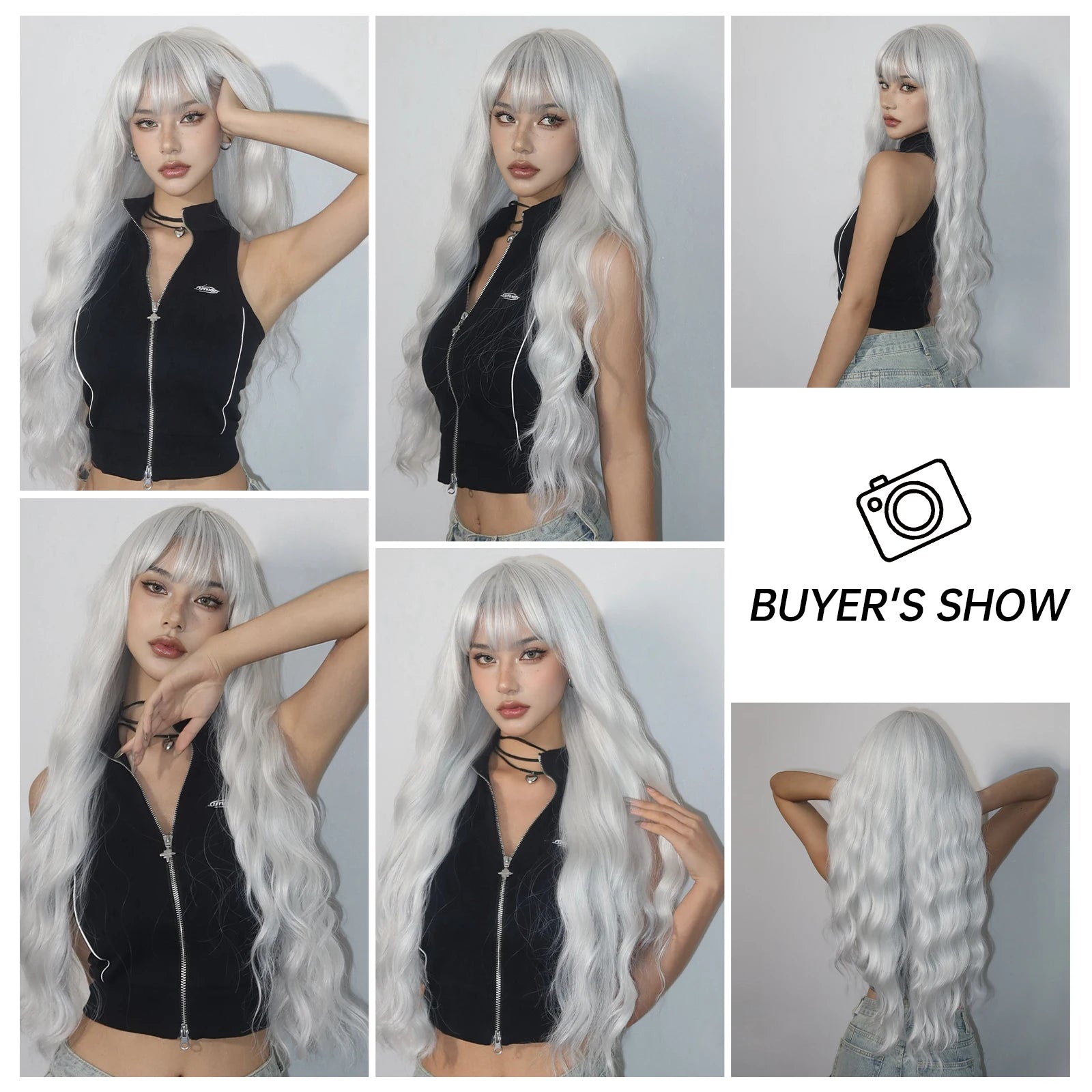 Super Long Curly Silver Synthetic Wig with Fluffy Bangs White Water Wave Hair Wigs for Women Daily Use Cosplay Colored Hair Wig
