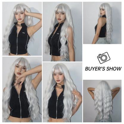 Super Long Curly Silver Synthetic Wig with Fluffy Bangs White Water Wave Hair Wigs for Women Daily Use Cosplay Colored Hair Wig