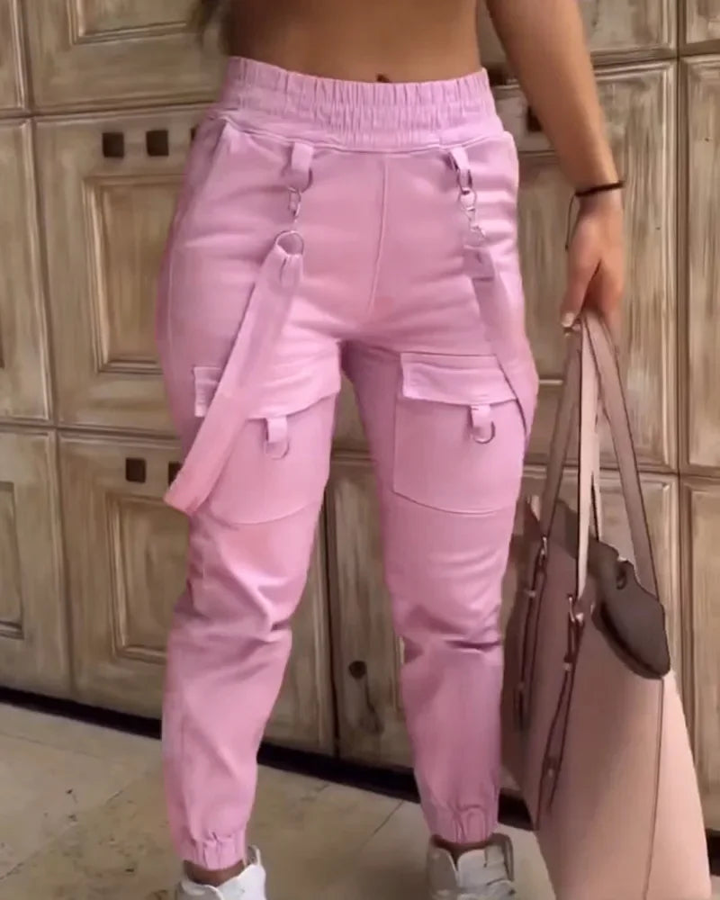 Women's Cargo Pants Casual Trousers 2024 Spring Autumn Solid Color Trend Street Pocket Design Cuff Suspenders Streetwear Women