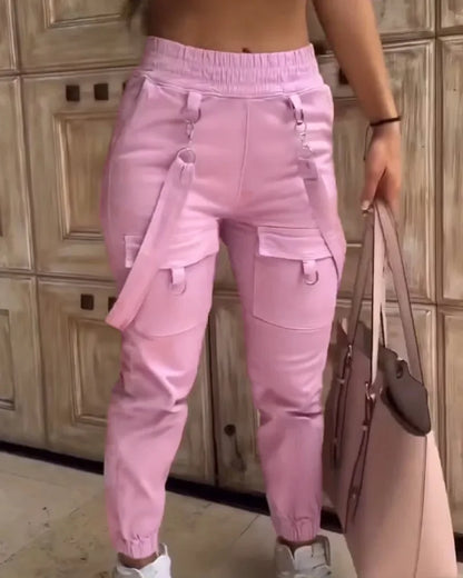 Women's Cargo Pants Casual Trousers 2024 Spring Autumn Solid Color Trend Street Pocket Design Cuff Suspenders Streetwear Women