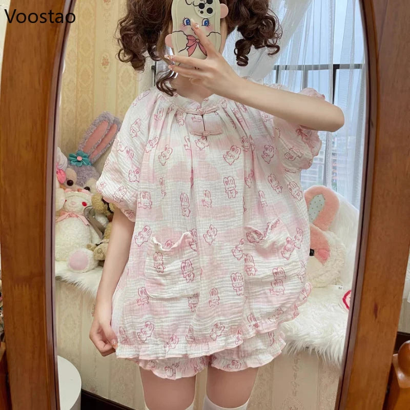 Kawaii Lolita Style Bunny Print Pajamas Set Girly Cute Short Sleeve Tops Shorts Suit Women Casual Princess Homewear Pijama Mujer